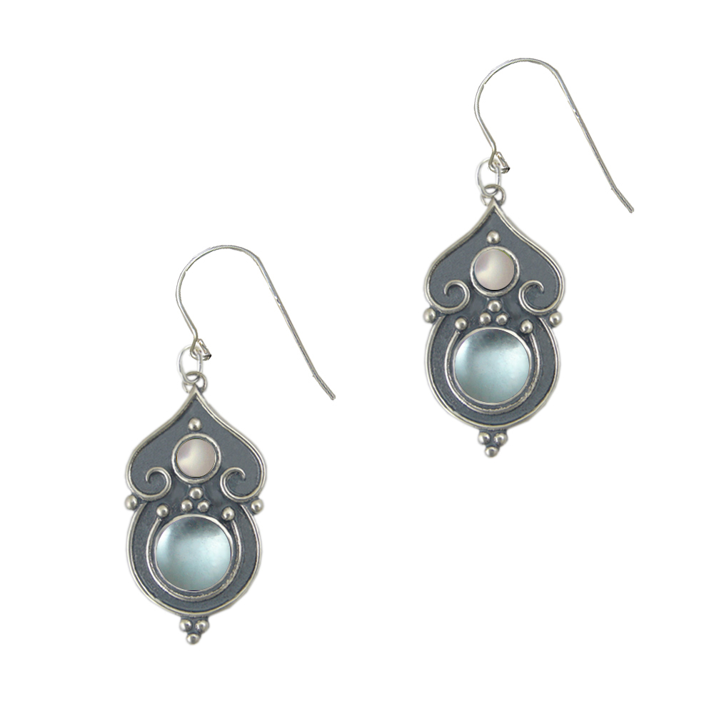 Sterling Silver Gothic Inspired Drop Dangle Earrings With Blue Topaz And Cultured Freshwater Pearl